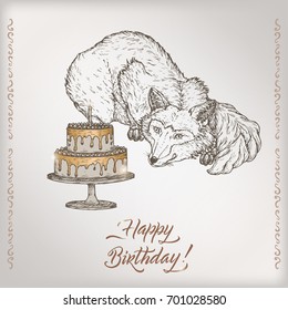 Romantic vintage birthday card template with calligraphy, fox and cake sketch. Great for holiday design.