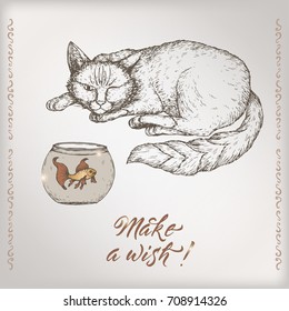 Romantic vintage birthday card template with calligraphy, cat and goldfish sketch. Great for holiday design.