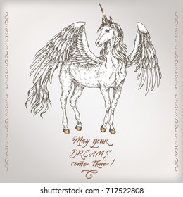 Romantic vintage birthday card template with calligraphy and winged unicorn sketch. Great for holiday design.