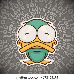 Romantic vintage card with cartoon duck. Vector collection