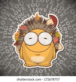 Romantic vintage card with cartoon hedgehog. Vector collection