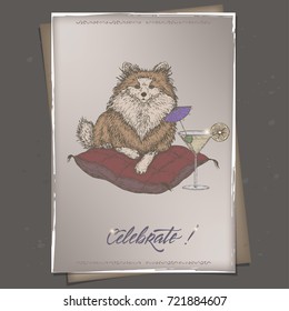 Romantic vintage color A4 birthday card template with calligraphy, dog on a pillow and cocktail glass hand drawn sketch. Great for holiday design.