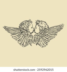 Romantic vintage engraving of two cherubs kissing with detailed wings, symbolizing love, harmony, and innocence, ideal for artistic and decorative projects.