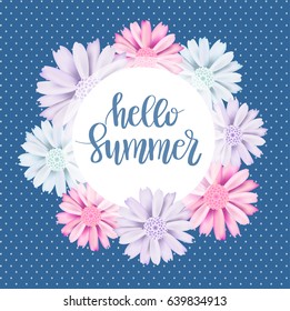 Romantic vintage floral circle frame with lettering quote "Hello Summer". Flourish card and circle label.Vector illustration for wedding, birthday card, web, print, tag banner and label in retro style