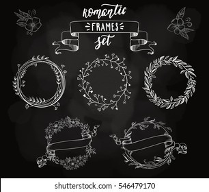Romantic vintage floral frames set for Valentine's day or wedding. Vector illustration for your design on dark chalkboard background.