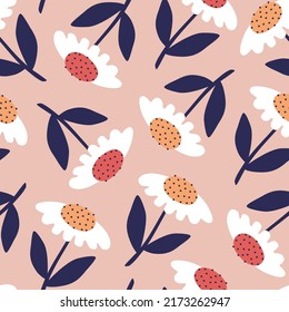 Romantic vintage flowers hand drawn vector illustration. Colorful summer ornament with white chamomile in flat style. Floral seamless pattern for fabric or wallpaper.