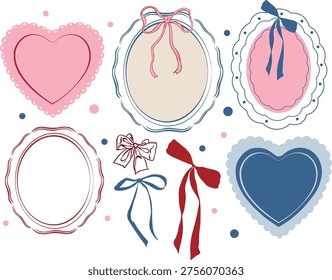 Romantic vintage frames and hearts set, hand drawn cottagecore elements