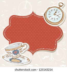 Romantic vintage invitation postcard with polka dot sticker, clock and cup on retro background