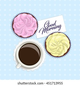 Romantic vintage postcard in delicate colors with inscription, top view. Cup of coffee on napkin, yellow and pink cake with cream, with inscription on blue tablecloth with polka dots, vector 