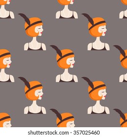 Romantic vintage retro art deco woman. Flat vector design seamless pattern