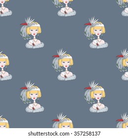 Romantic vintage retro art deco woman. Flat vector design seamless pattern