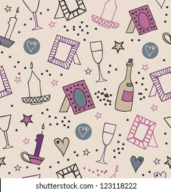 Romantic vintage seamless background with photo frames, candles, hearts, stars, goblets and bottles of vine. Endless modern pattern with many decorative details