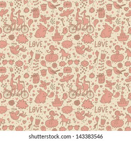 Romántica vintage sin fisuras. Ilustración de dibujos animados en vector. Conejos, pareja de amantes, regalos, pájaros, Día de San Valentín, diseño de invitación a la boda.