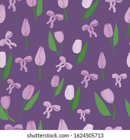 Romantic vintage seamless pattern with cute flower tulips on dark background. Vector illustration