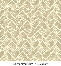 Romantic vintage seamless pattern with hearts on the brown linen canvas background. eps 10