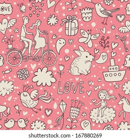 Romantic vintage seamless pattern in stylish pink colors. Cute cartoon illustration in vector. Rabbits, couple of lovers, presents, birds and others