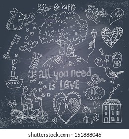 Romantic vintage set in cartoon style on chalkboard background. Couple of lovers under the tree and on tandem bicycle, hearts, chip, rabbit, unicorn, keys, cupcake and other stylish concept elements