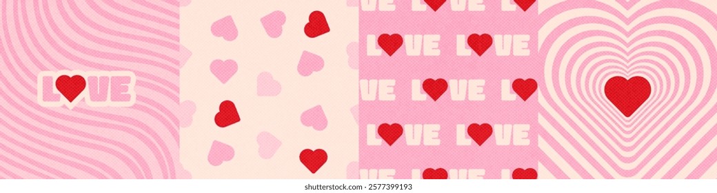 Romantic vintage square covers with hearts, words LOVE, stripes. Modern retro flat illustration for Valentine's day decoration. Aesthetic vector print in style 60s, 70s.