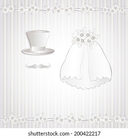 Romantic vintage style wedding invitation with abstract couple in bridal clothing. Retro background and floral frame vector eps10 illustration