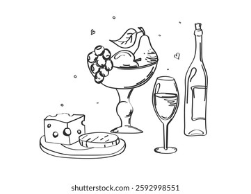 Romantic vintage vector illustration sketch Still life with wine, cheese and fruit. Elegant vintage template with hand drawn cheese, wine and fruit for invitation,menu,greeting cards.