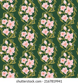 Romantic vintage wallpaper seamless pattern with pink cherry blossom on dark green background with leaves. Sakura flower vector illustration. Cottage shabby chic surface pattern design for asian