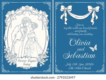 Romantic vintage wedding invitation set featuring an elegant Regency-era couple framed by ornate floral decorations, ribbon bows, roses, and delicate butterflies. Inspired by classic romance and historical wedding aesthetics, this sophisticated blue-and-ivory stationery collection is perfect for wedding invitations, engagement announcements, bridal stationery, greeting cards, and timeless celebration designs.