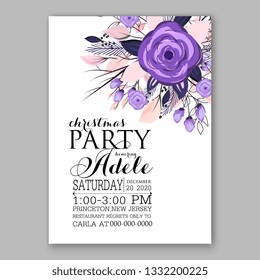 Romantic violet peony bouquet bride wedding invitation template design. Winter Christmas wreath of pink flowers and pine and fir branches. 