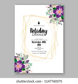 Romantic violet peony poinsettia bouquet template design. Winter holiday Merry Christmas party invitation wreath of purple flowers and pine and fir branches needle greenery 