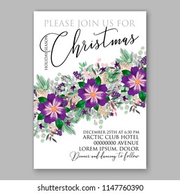 Romantic violet peony poinsettia bouquet template design. Winter holiday Merry Christmas party invitation wreath of purple flowers and pine and fir branches needle greenery 