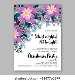 Romantic violet peony poinsettia bouquet template design. Winter holiday Merry Christmas party invitation wreath of purple flowers and pine and fir branches needle greenery 