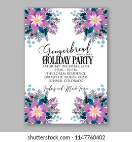Romantic violet peony poinsettia bouquet template design. Winter holiday Merry Christmas party invitation wreath of purple flowers and pine and fir branches needle greenery 