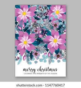 Romantic violet peony poinsettia bouquet template design. Winter holiday Merry Christmas party invitation wreath of purple flowers and pine and fir branches needle greenery 