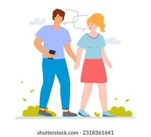 Romantic walk - colorful flat design style illustration with linear elements. Composition with boy and girl in love holding hands and walking together. Date, romance, acquaintance and youth idea