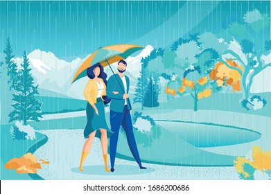 Romantic Walk in Park in Warm Rainy Day, Cartoon. Pair Young People Hold Hands and Walks under Large Umbrella. There are Many Beautiful Trees in Park, and High Mountains can be Seen behind it.