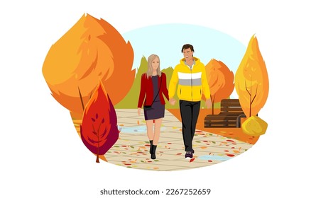 Romantic walking man and woman in Autumn Park. Yellow red trees and fall leaves. Weekend outdoor, colorful nature. Drawing in cartoon style. Happy family husband and pretty girl. Vector illustration