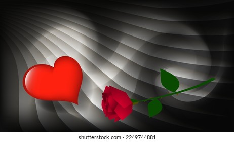 Romantic wallpaper. Abstract shiny red heart and a beautiful scarlet rose on a striped background in gray tones. Template for your projects. Vector.