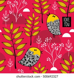 Romantic wallpaper with cute small birds on the autumn background. Vector pattern.