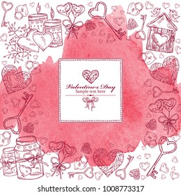 Romantic watercolor background for Valentine's day.  Vector hand drawn illustration.