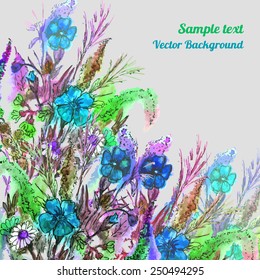 Romantic watercolor card with flowers. Decor design greeting cards, wedding invitations, marriage, bridal, birthday, Valentine's day, newborn baby. Vector illustration.  