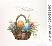 Romantic watercolor Easter basket with roses and pastel Easter eggs, ideal for feminine and delicate projects.