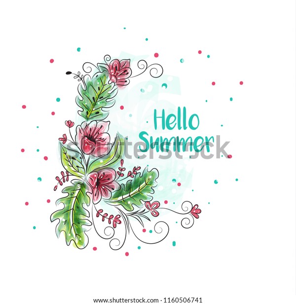 Romantic Watercolor Floral Background Hello Summer Stock Vector