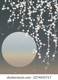 Papel mural de primavera de color acuático romántico con flores sakura blancas en el cielo nocturno y luna