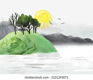 Romantic watercolor illustration of a mountain ranges with trees, river, sunrise or sunset. Scandinavian vector nature landscape. All elements are individual objects