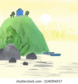 Romantic watercolor illustration of a mountains with trees, river, house, boats, sunrise or sunset. Lonely house on the mountain. Vector nature landscape. All elements are individual objects