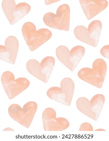 Romantic Watercolor Print. Simple Seamless Vector Pattern Made of Hand Drawn Light Peach Hearts isolated on a White Background. Trendy Repeatable Design with Hearts.Valentine's Day Endless Print. RGB.