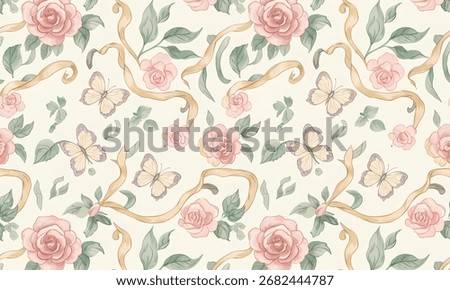 Romantic Watercolor Seamless Pattern with Pink Roses, Butterflies, and Elegant Ribbon Vines