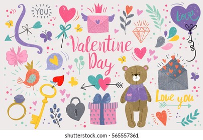 Romantic watercolor set. A lot of cartoon elements for valentine day designs:  letter, ring, teddy bear, key and lock, cupcake, present box, hearts and others.