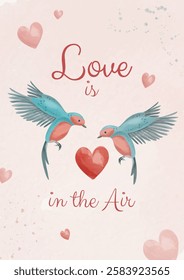 Romantic watercolor Valentines Day poster with two love birds, hearts, pastel tones and elegant typography. Perfect for greeting cards, wedding decor, love-themed prints, and romantic gifts.