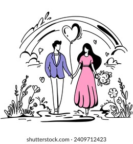 Romantic Web inspired Flat Illustration Enchanting Valentine Date Scene Depicting Love, Connection, and Unforgettable Memories