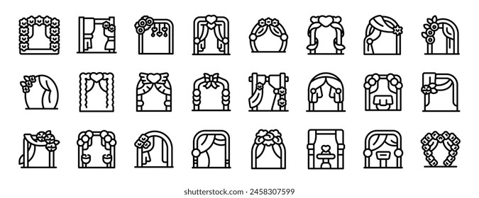 Romantic wedding arch icons set outline vector. Gate party. Heart event